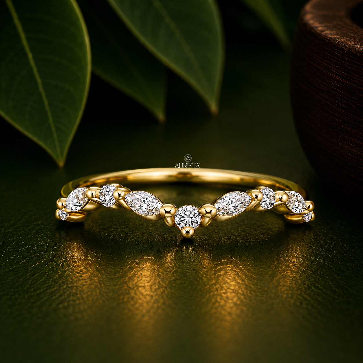 Round & Marquise Lab Grown Diamond V-Ring, Chevron Statement Wedding Band Ring Set