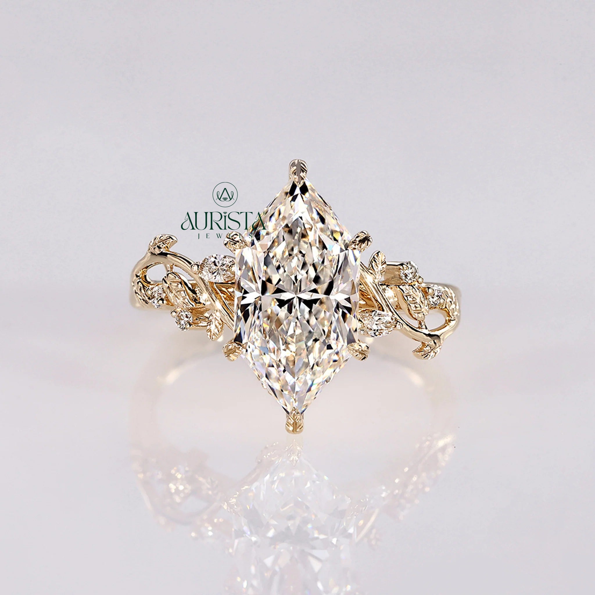 Marquise Cut Diamond Vine Ring with Leaf Accent Twig Band