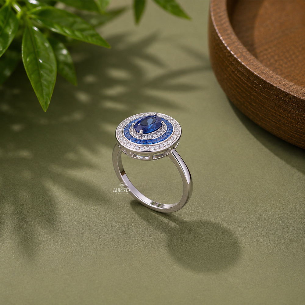 Oval Blue Moissanite Halo Ring, Sterling Silver Statement Ring, Cocktail Ring Gift