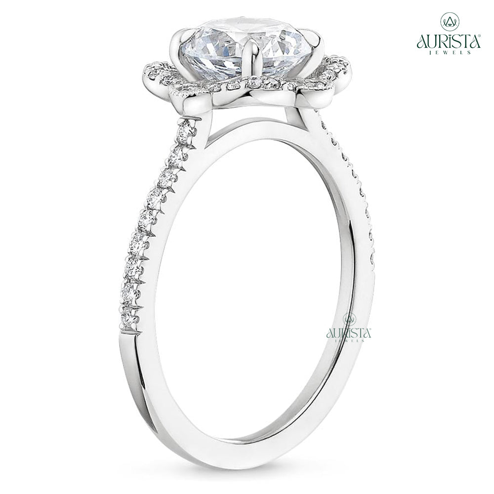Oval Moissanite Diamond Ring Set, Vintage Floral Halo In White Gold Round Side Stones