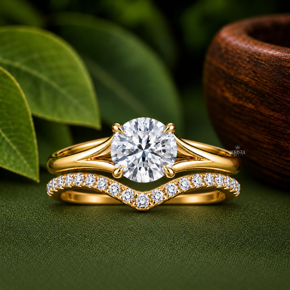 1 CT Round Lab Grown Diamond Engagement Ring & Gold Contour Bridal Set