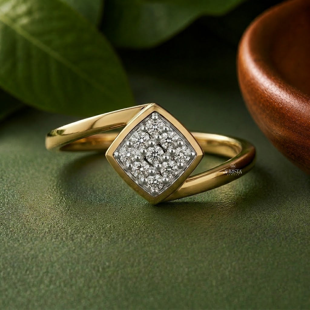 Lab Grown Diamond Gold Square Cluster Ring Bypass Band Modern Statement Ring Chic