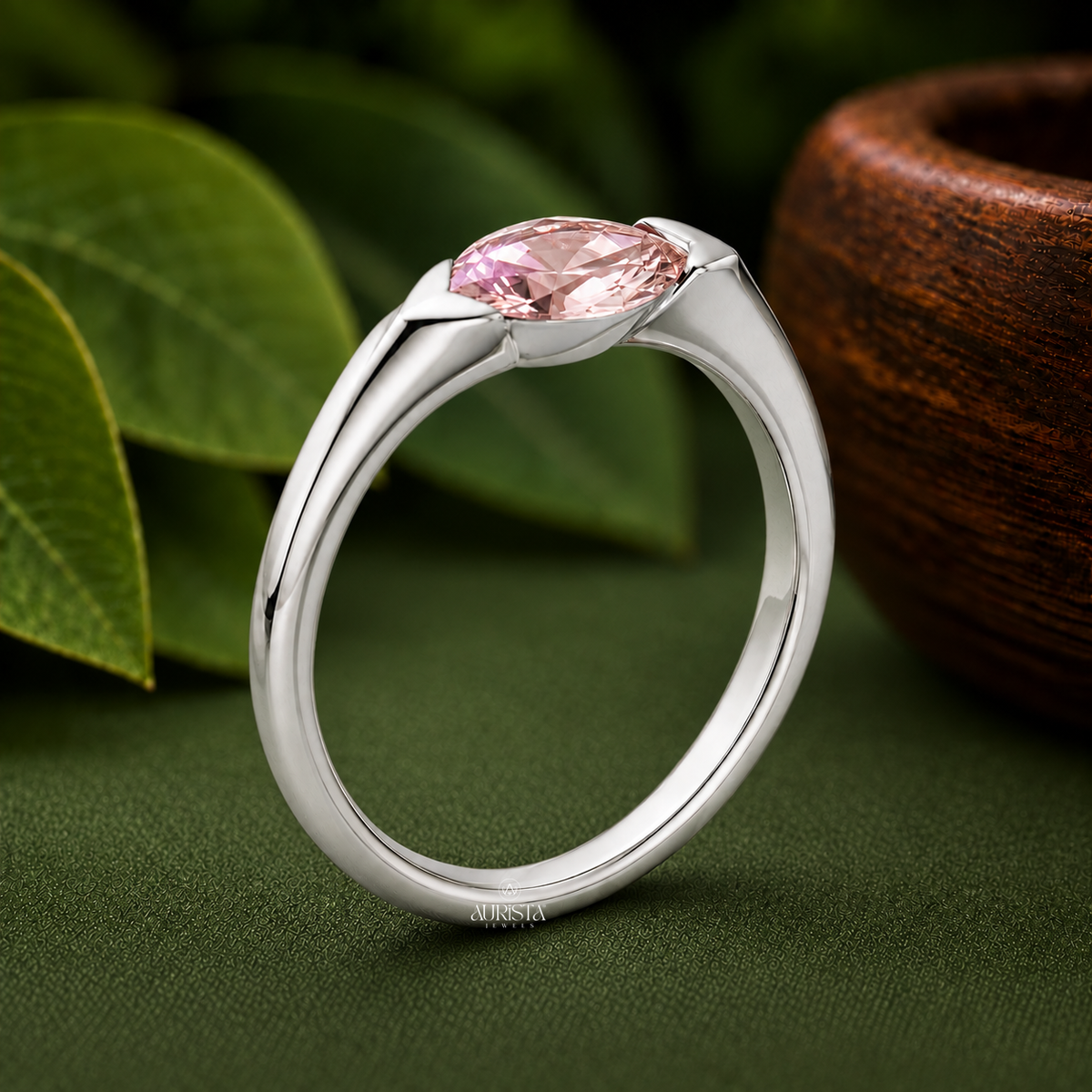 Pink Marquise Cut Bezel Set Engagement Ring Solitaire Band Lab Grown in Diamond