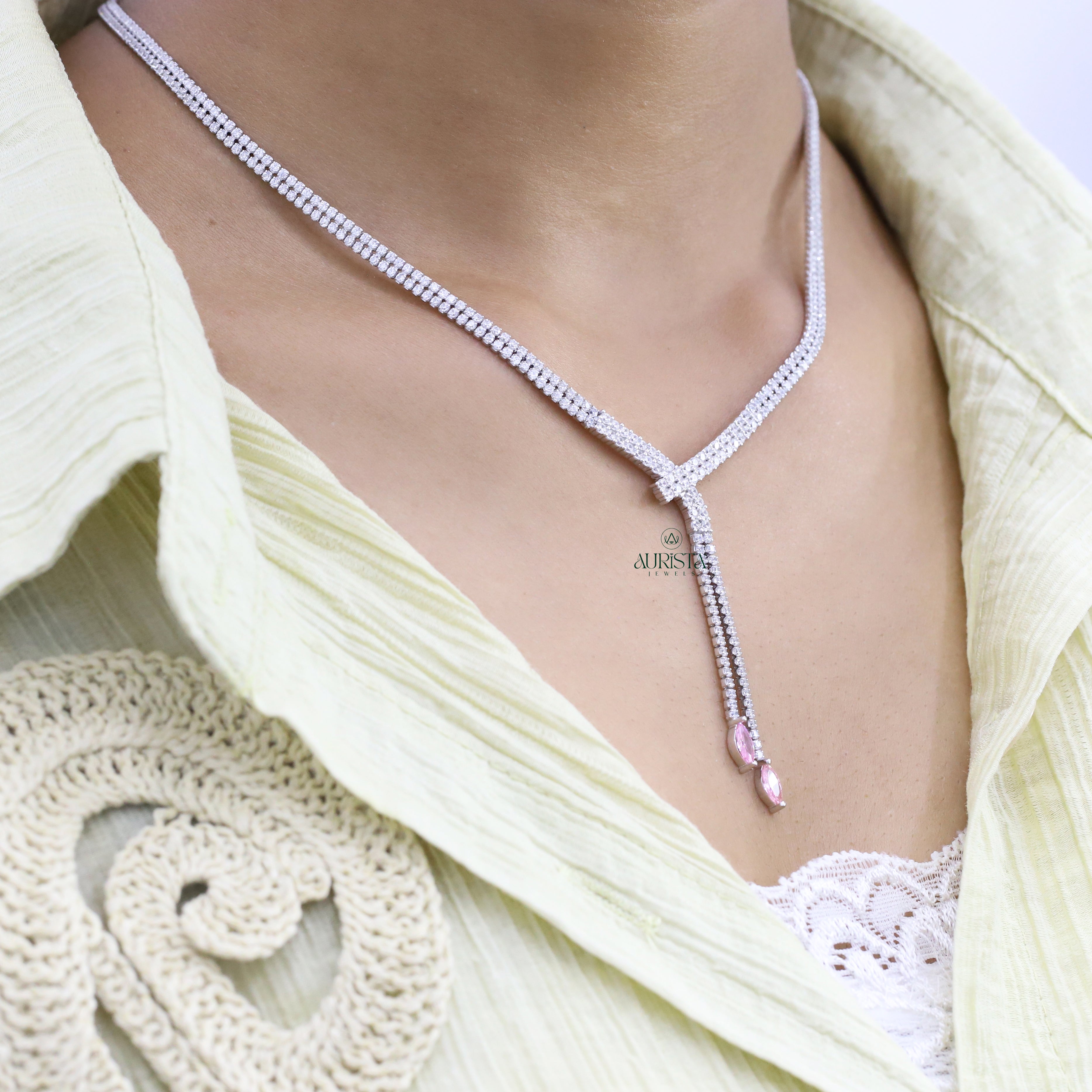 Elegant Moissanite Necklace and Earring Set with Round and Pink Marquise Accents