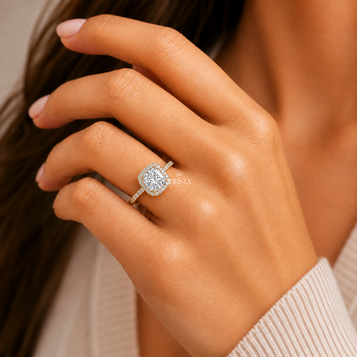 2.00 Ct Cushion Lab Grown Diamond Ring, Halo Yellow Gold Band With Round Side Stones