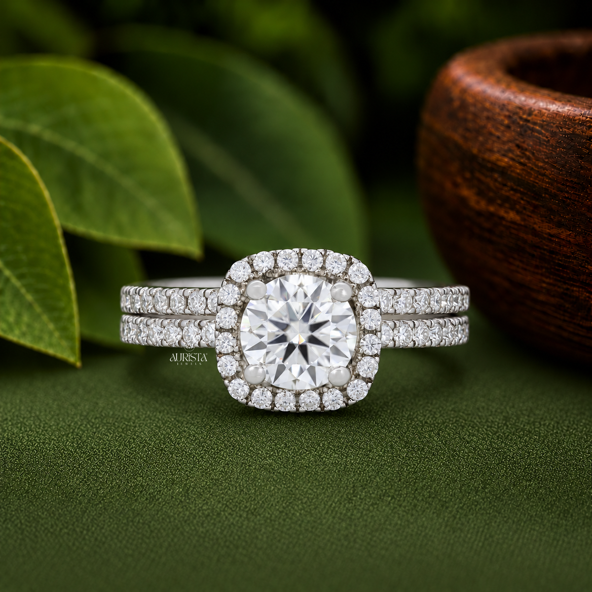 3CT Round Cut Lab Grown Diamond Bridal Set, Halo Engagement Ring & Eternity Band