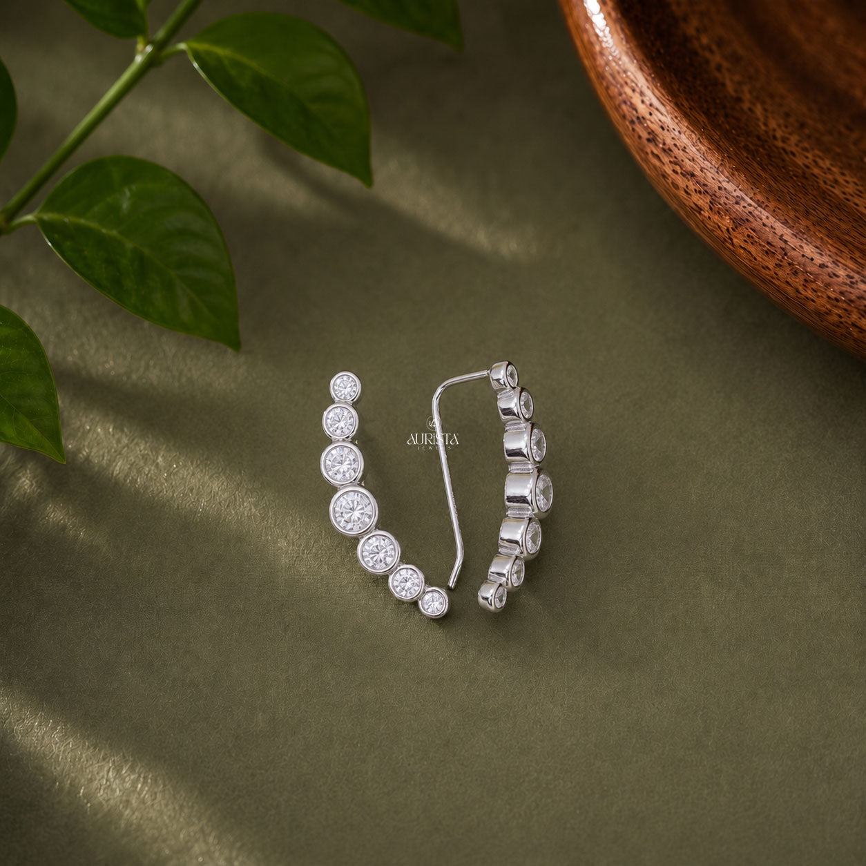 Graduated Moissanite Ear Climber Earrings - Bezel Set Curved  Crawler Earrings