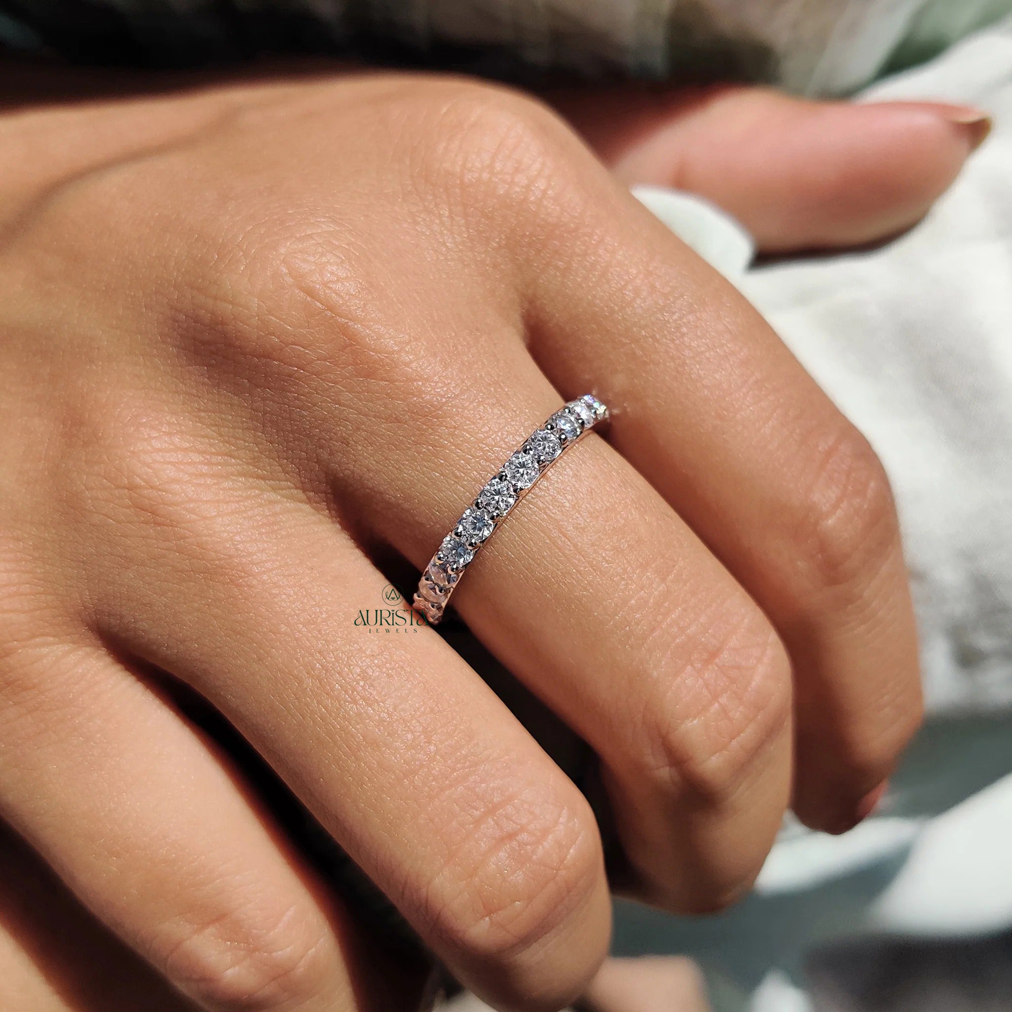 Round Cut Moissanite Diamond Full Eternity Band Minimalist Stackable Wedding Ring