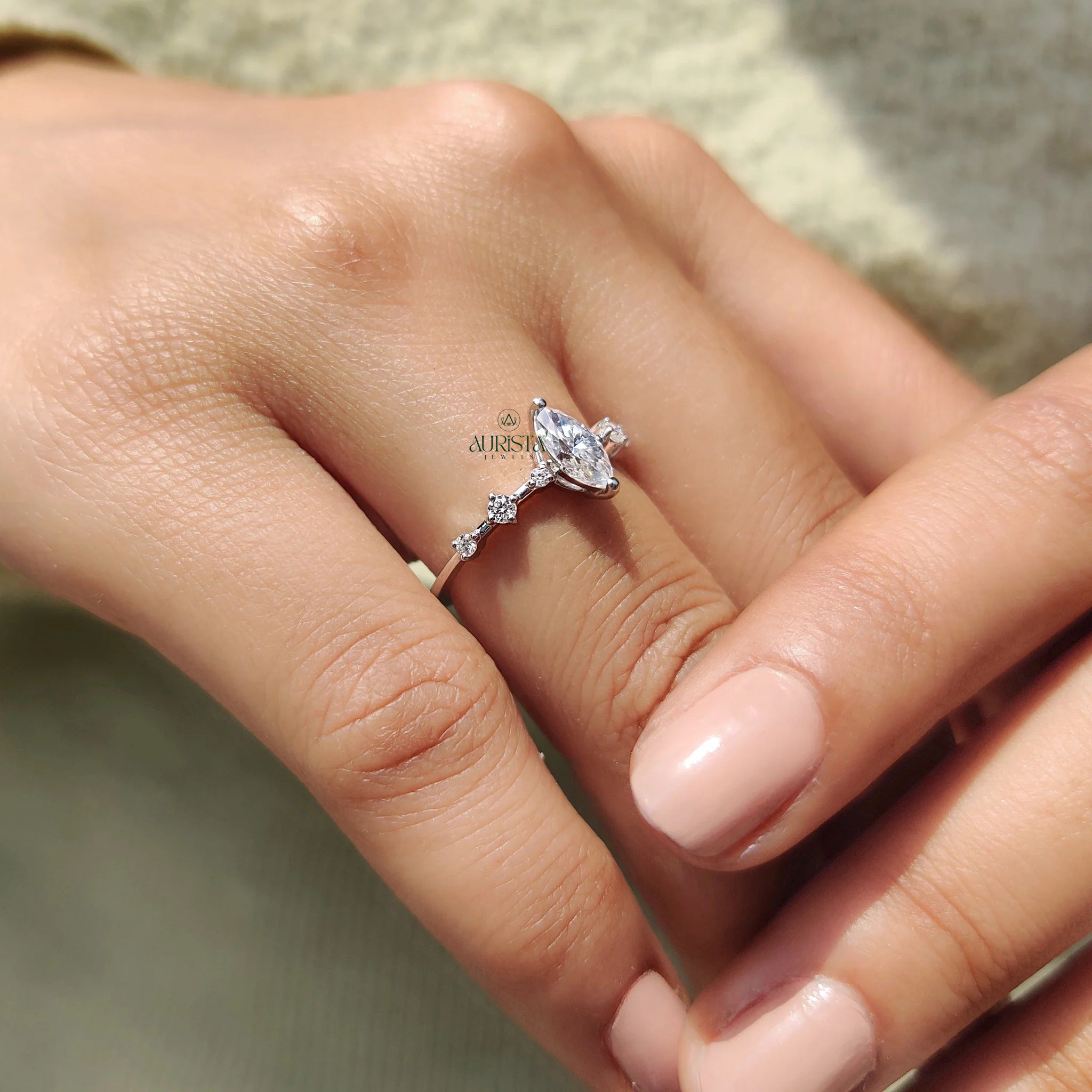 Marquise Moissanite Engagement Ring with Diamond Side Stones in White Gold Band