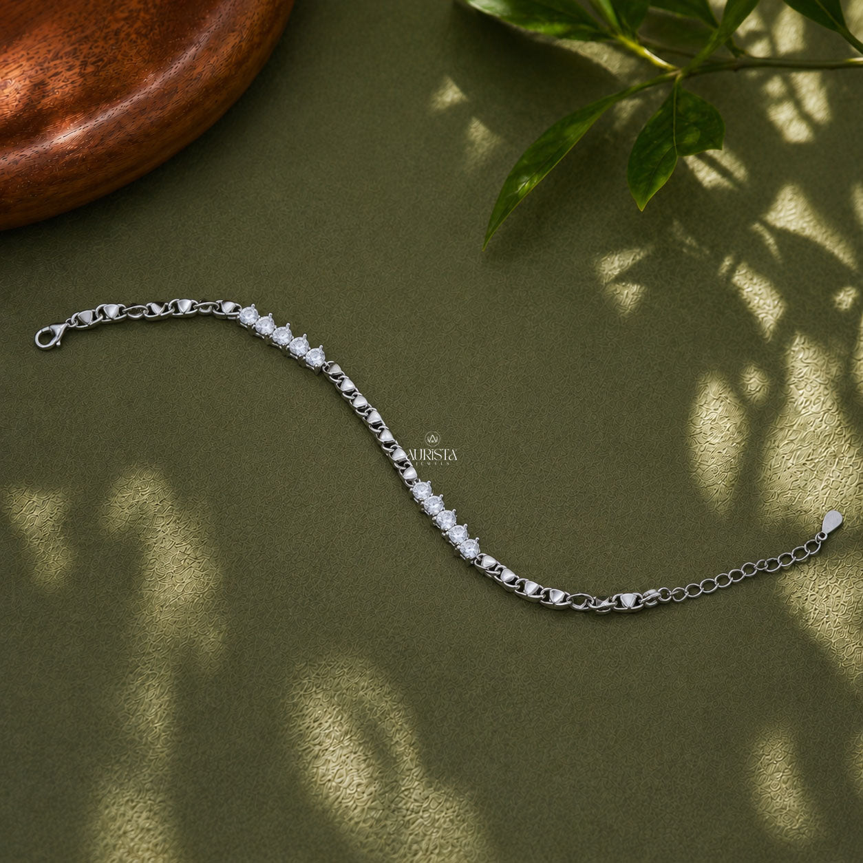 Heart Link Moissanite Station Bracelet - Silver Heart Chain Adjustable Tennis Bangle
