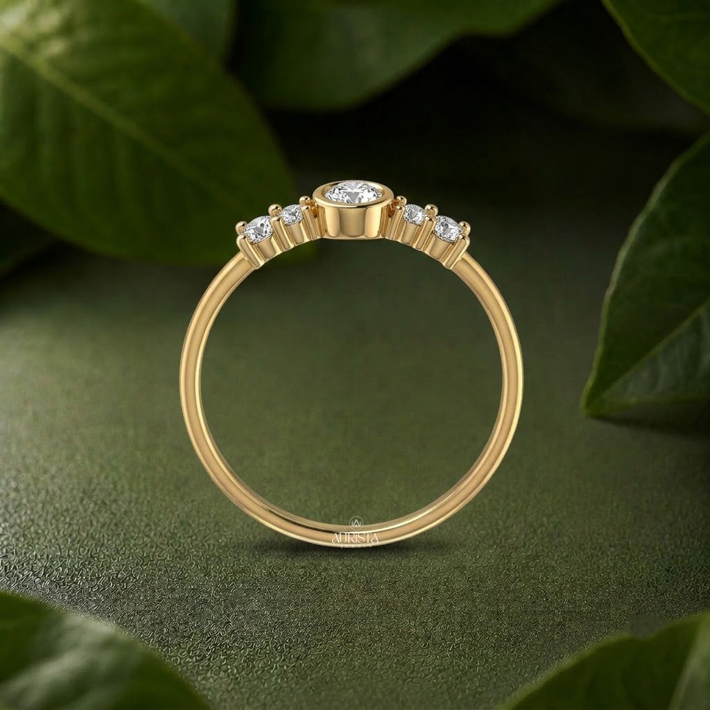 Lab Grown Diamond Gold Bezel Cluster Ring Multi Stone Statement Band Modern Ring