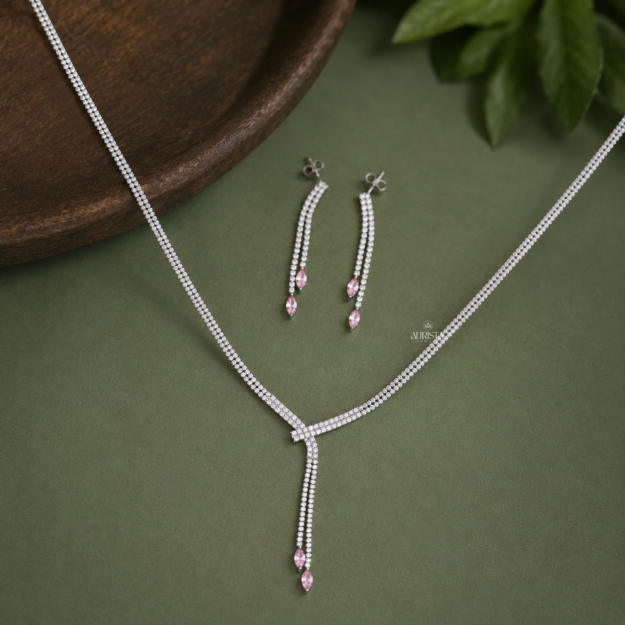 Elegant Moissanite Necklace and Earring Set with Round and Pink Marquise Accents