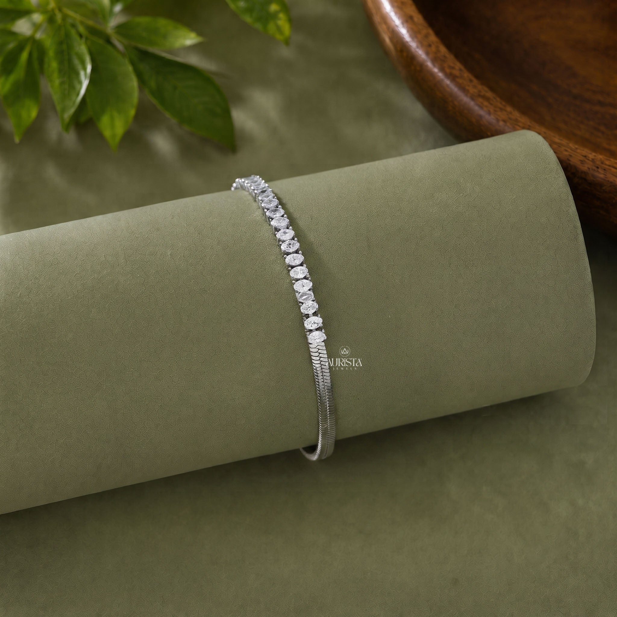 Oval Diamond Herringbone Snake Chain Bracelet ,Adjustable Tennis Bracelet