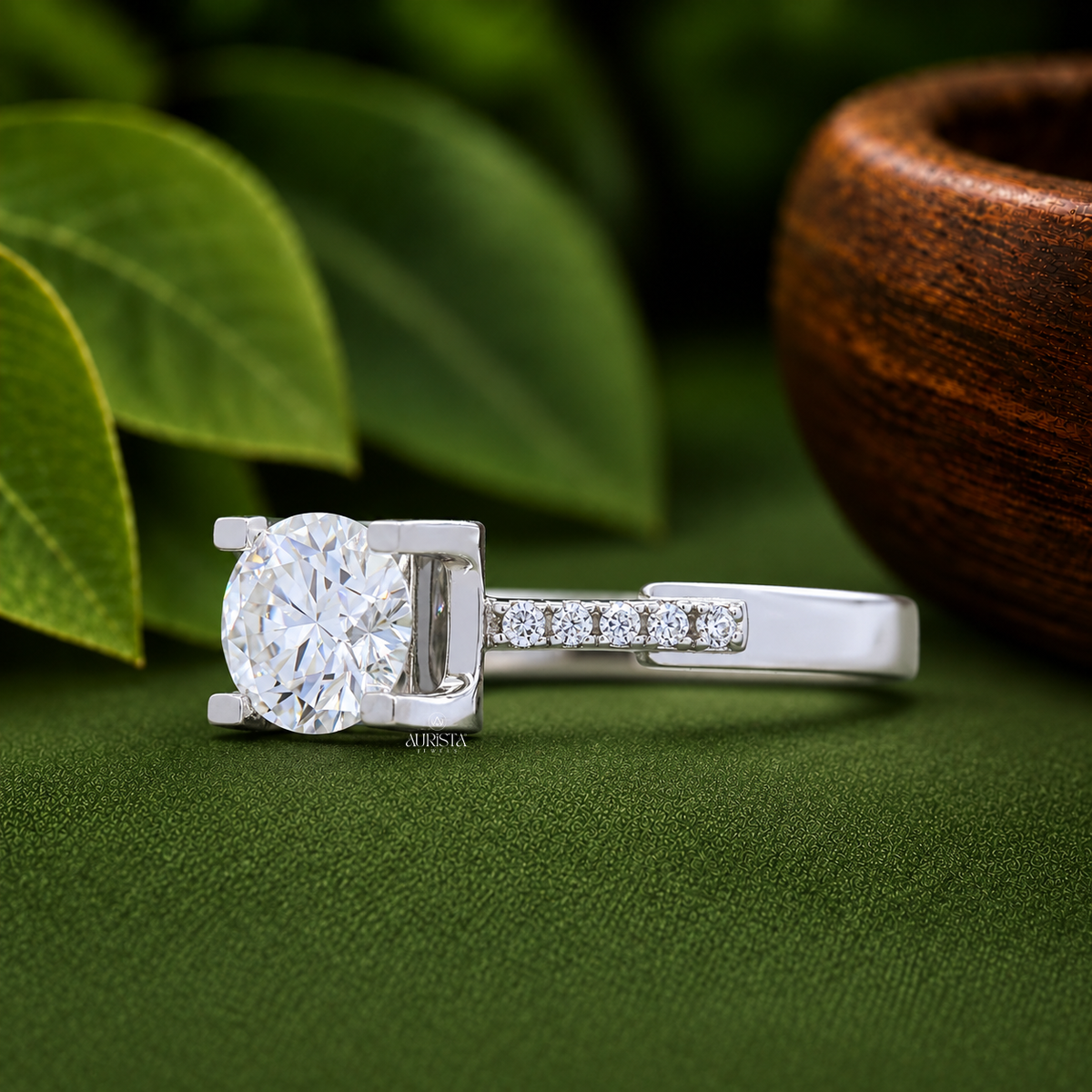 Round Cut Lab Grown Diamond Engagement Ring, Solitaire Ring With Pavé Band