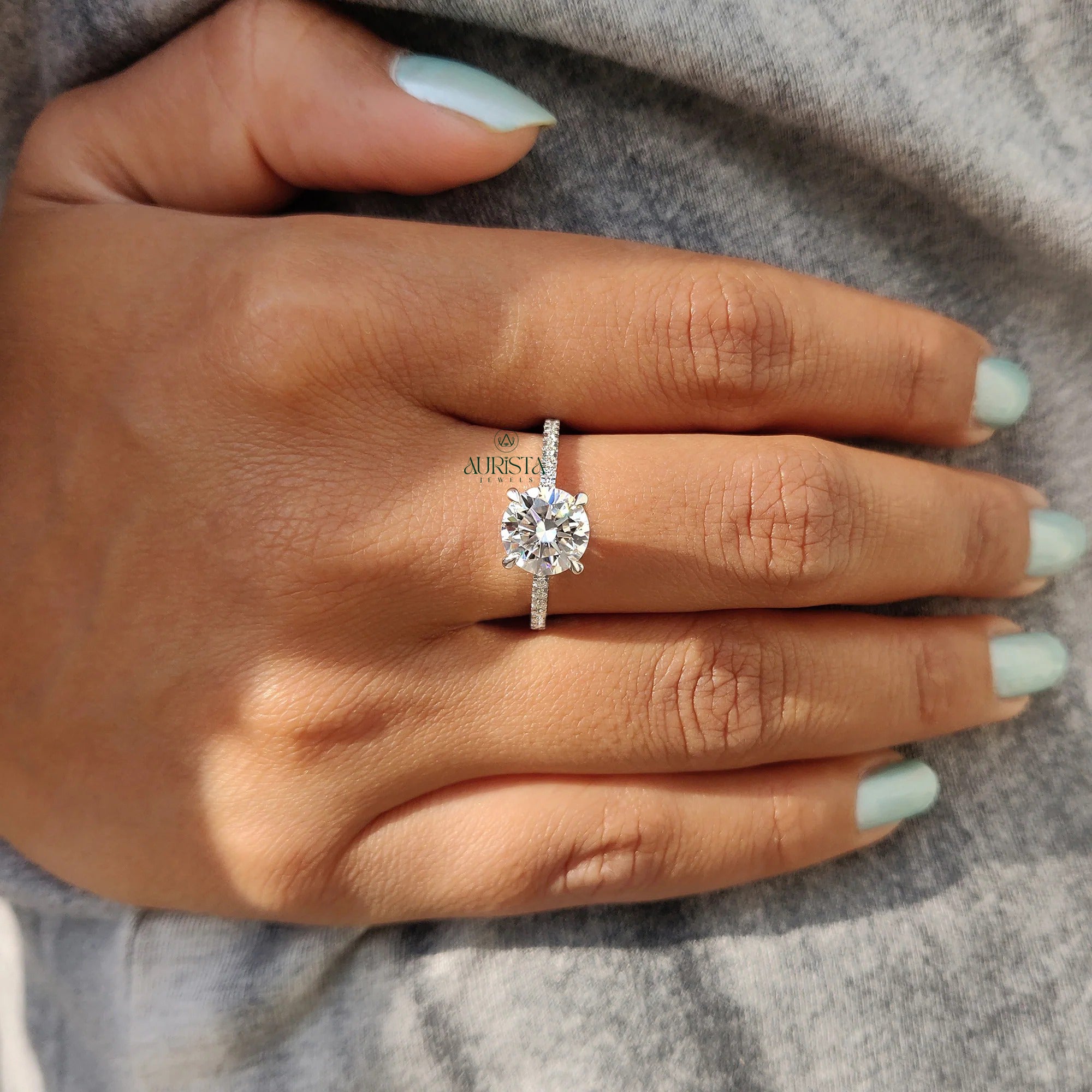 Round Cut Moissanite Engagement Ring with Diamond Pave Band in White Gold