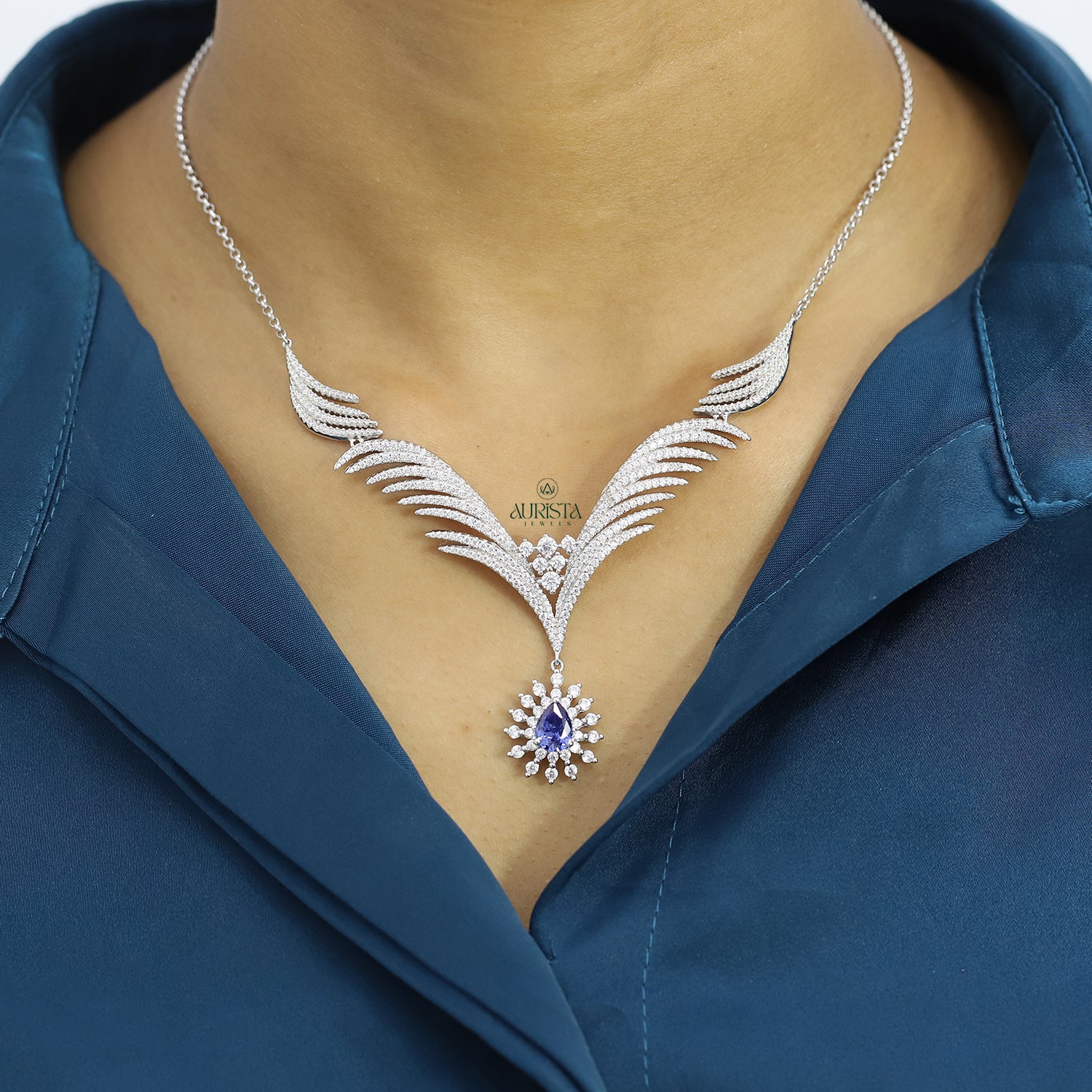 Unique Blue Pear Stone Necklace Wing Style Moissanite Statement Fine Jewelry