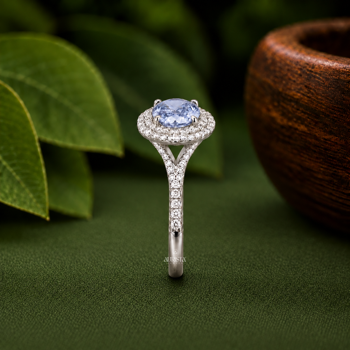 Blue Oval Double Halo Engagement Ring Split Shank Band Lab Grown in Diamond