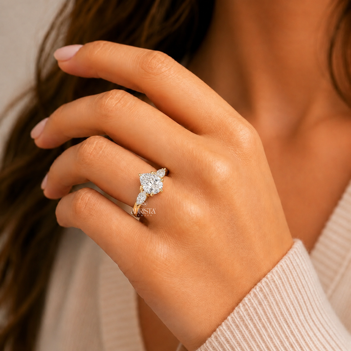 Pear & Marquise Lab Grown Diamond Three Stone Ring, Nature Inspired Engagement Band