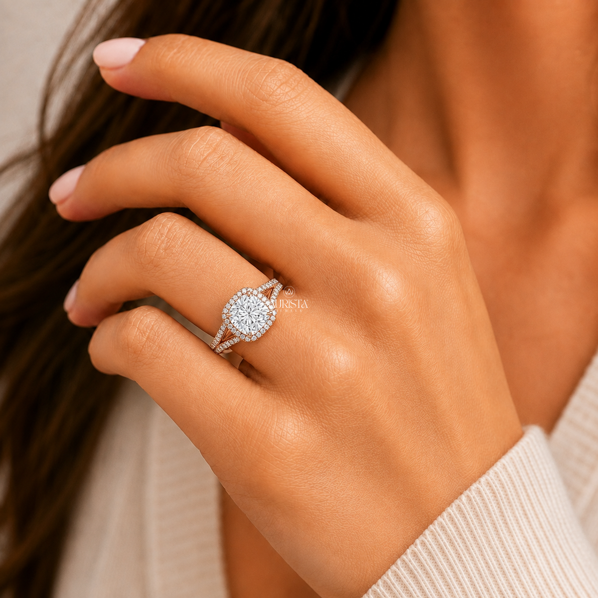 Cushion Lab Grown Diamond Ring, Rose Gold Split Shank Halo With Round Side Stones