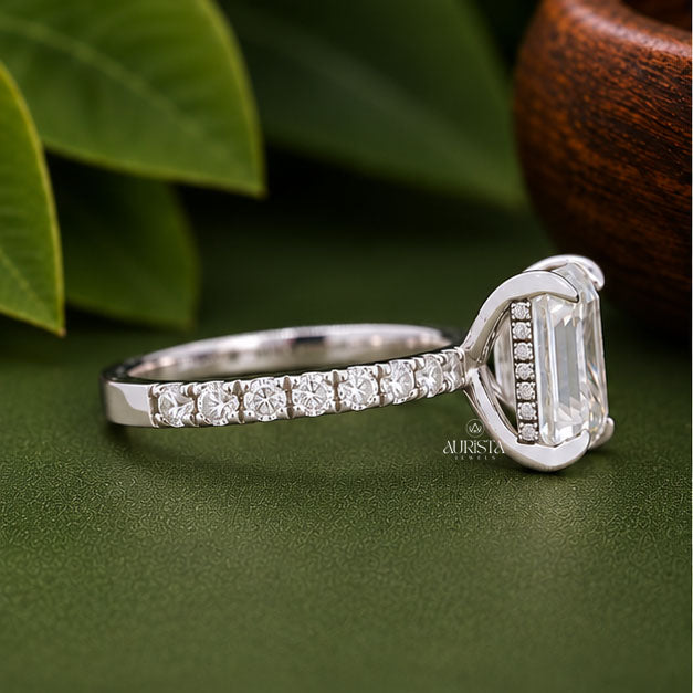 Emerald Cut Lab Grown Diamond Engagement Ring, Pavé Wedding Ring