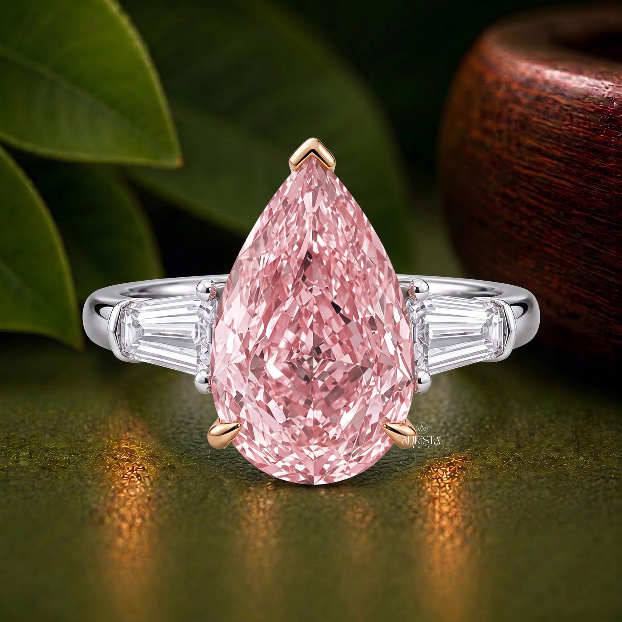 Pink Pear Cut Lab Grown in Diamond Three Stone Ring Silver Luxury Band