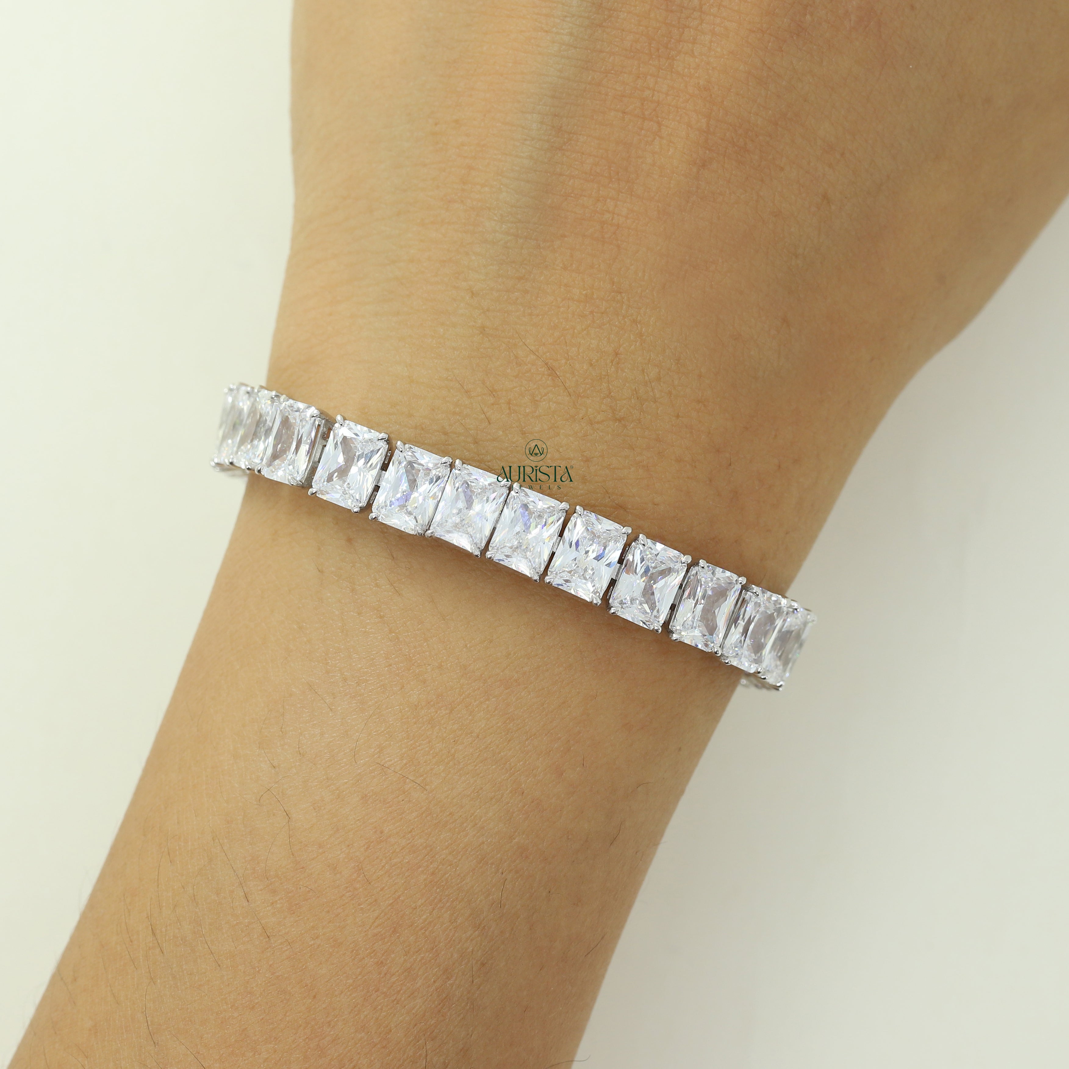 Radiant Moissanite Tennis Bracelet, Dainty White Stone Line Bracelet