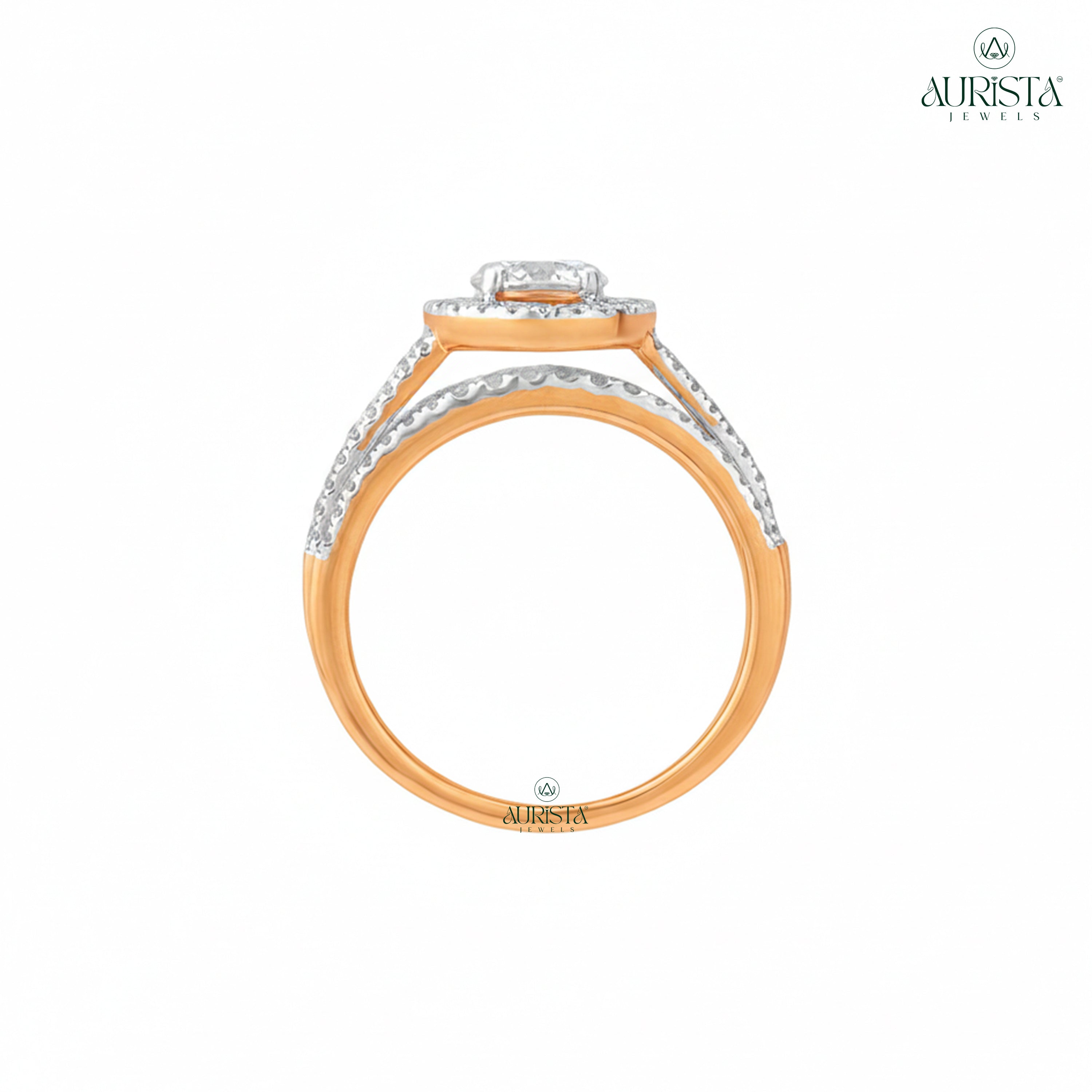 Moissanite Diamond Round Halo Split Shank Rose Gold Engagement Ring with Pave Diamonds
