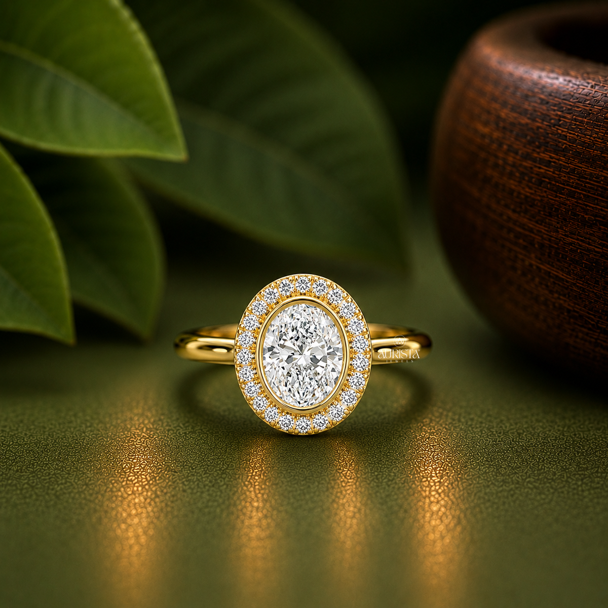 Oval Shape Lab Grown Diamond Ring, Bezel Halo Yellow Gold Band, Round Side Stones