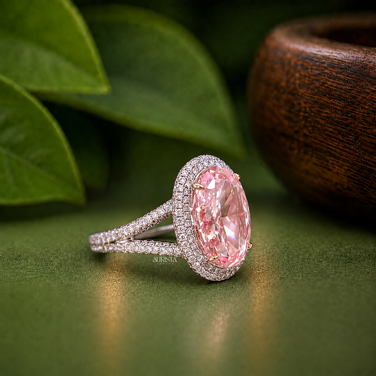 Lab Grown in Diamond Pink Oval Halo Engagement Ring Split Shank Statement Band