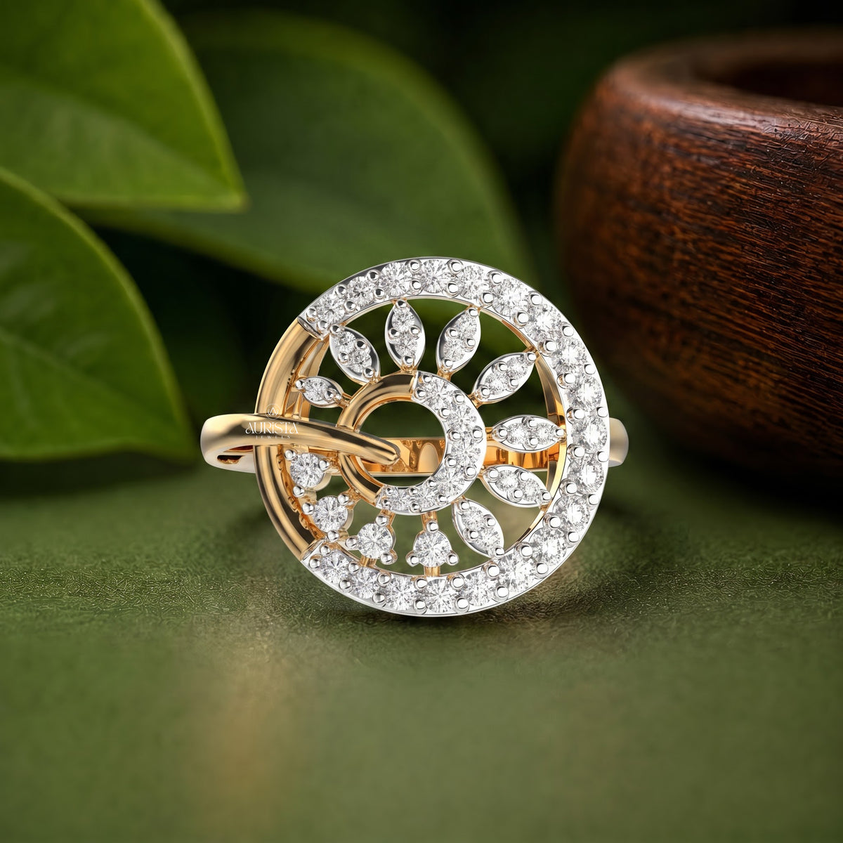 Round Moissanite Diamond Flower Motif Statement Band In Yellow Gold Fine Jewelry