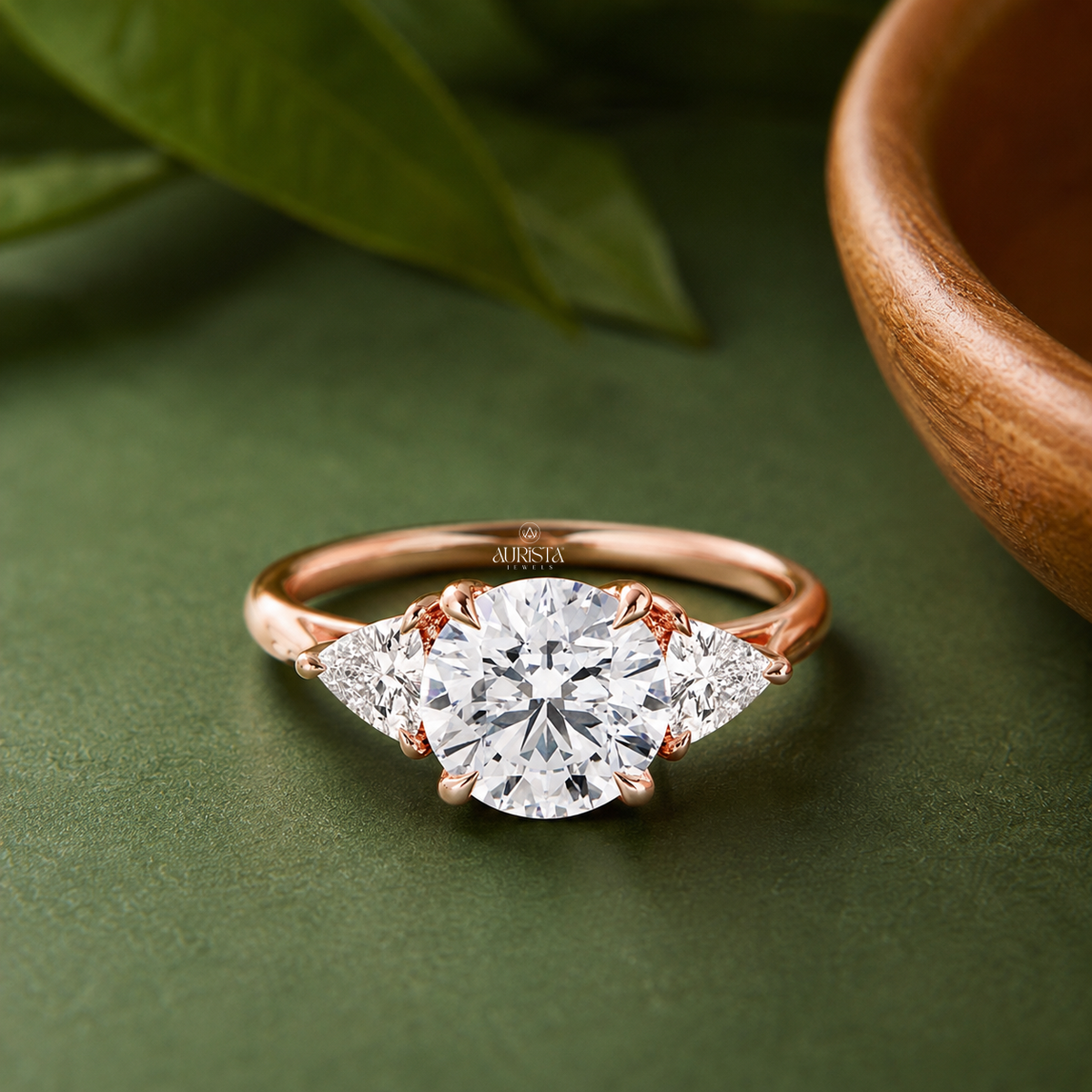 Round & Triangle Lab Grown Diamond Three Stone Ring, Engagement Wedding Band Jewelry