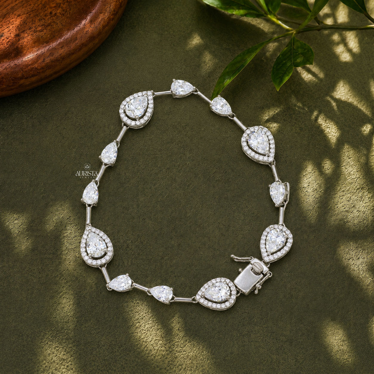 Pear Cut Moissanite Halo Station Bracelet - Silver Teardrop Link Tennis Bracelet