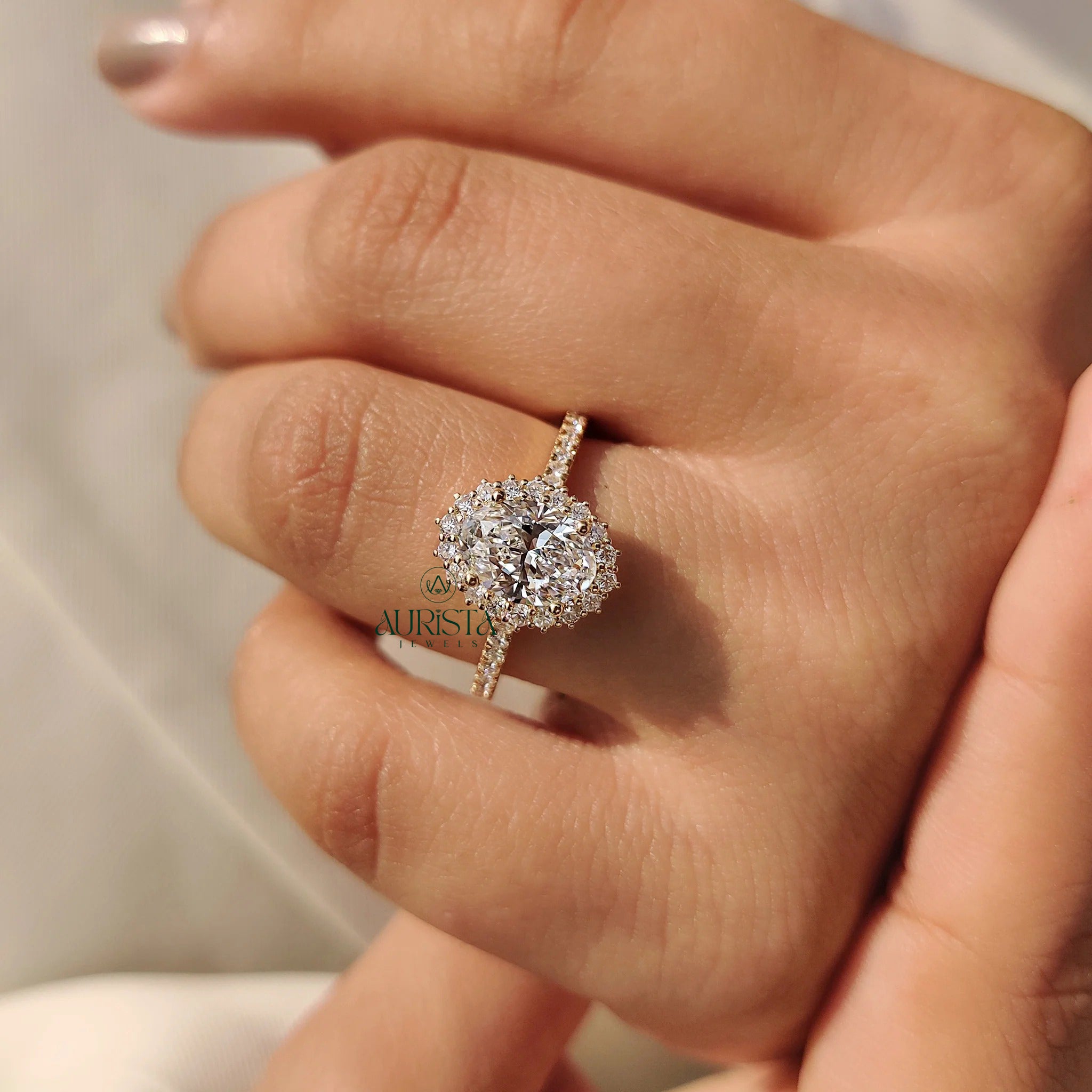 Oval Sunburst Floral Halo and Pave Band Ring