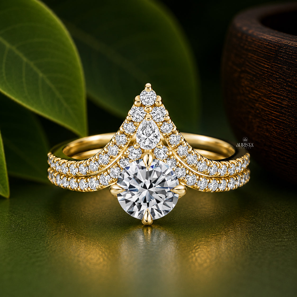 Round & Pear Lab Grown Diamond Crown Ring, Chevron Statement Wedding Band Set