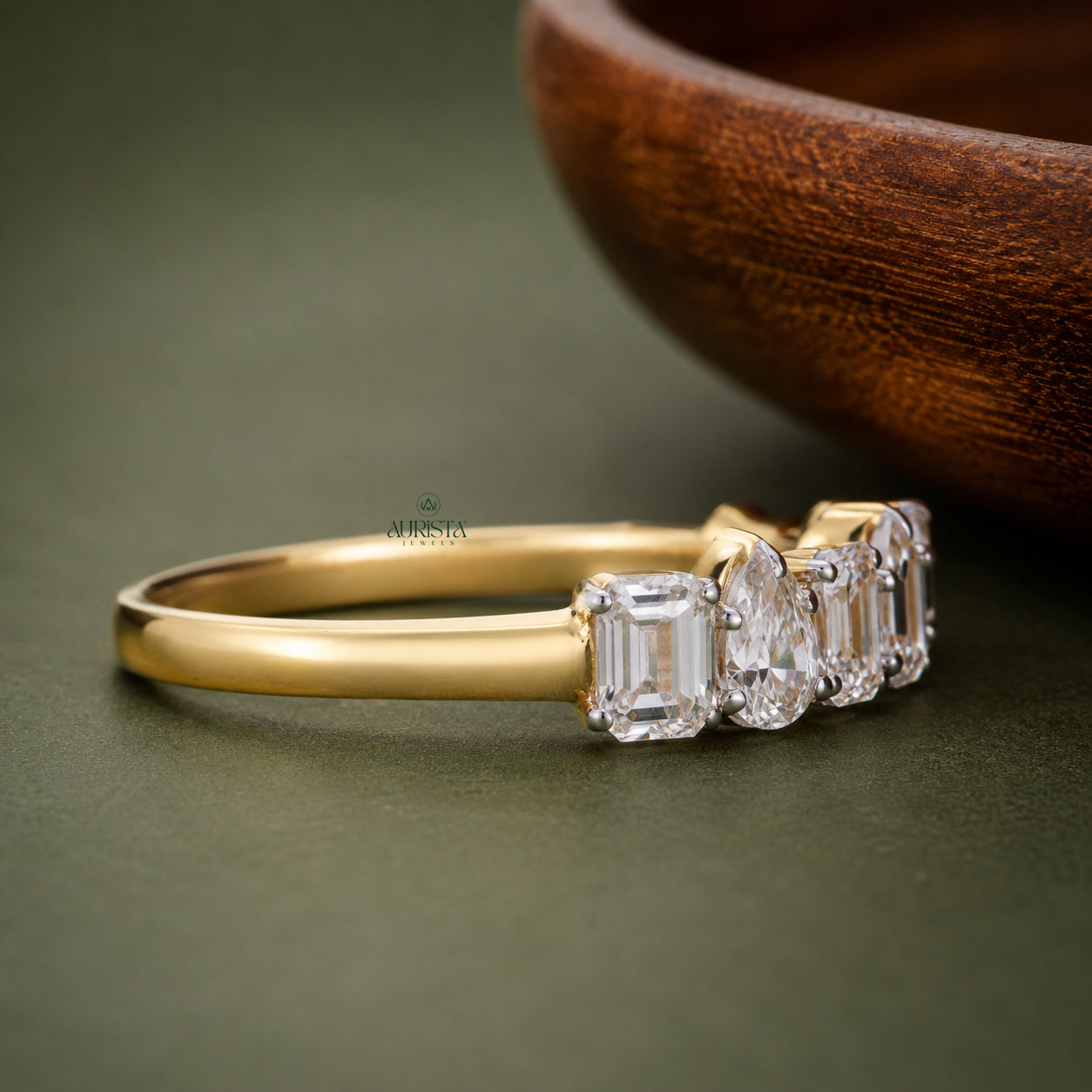 Mixed Cut Lab Grown Diamond Band, Emerald & Pear Shape, Unique Wedding Ring