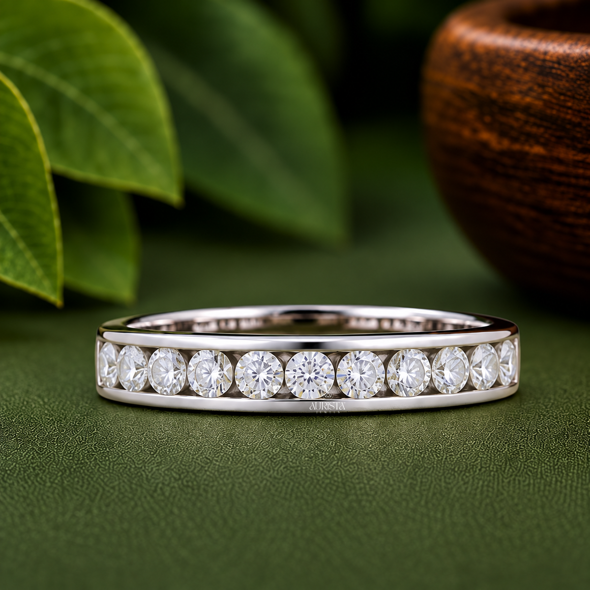 Round Cut Lab Grown Diamond Channel Set Band, Stackable Bridal Jewelry