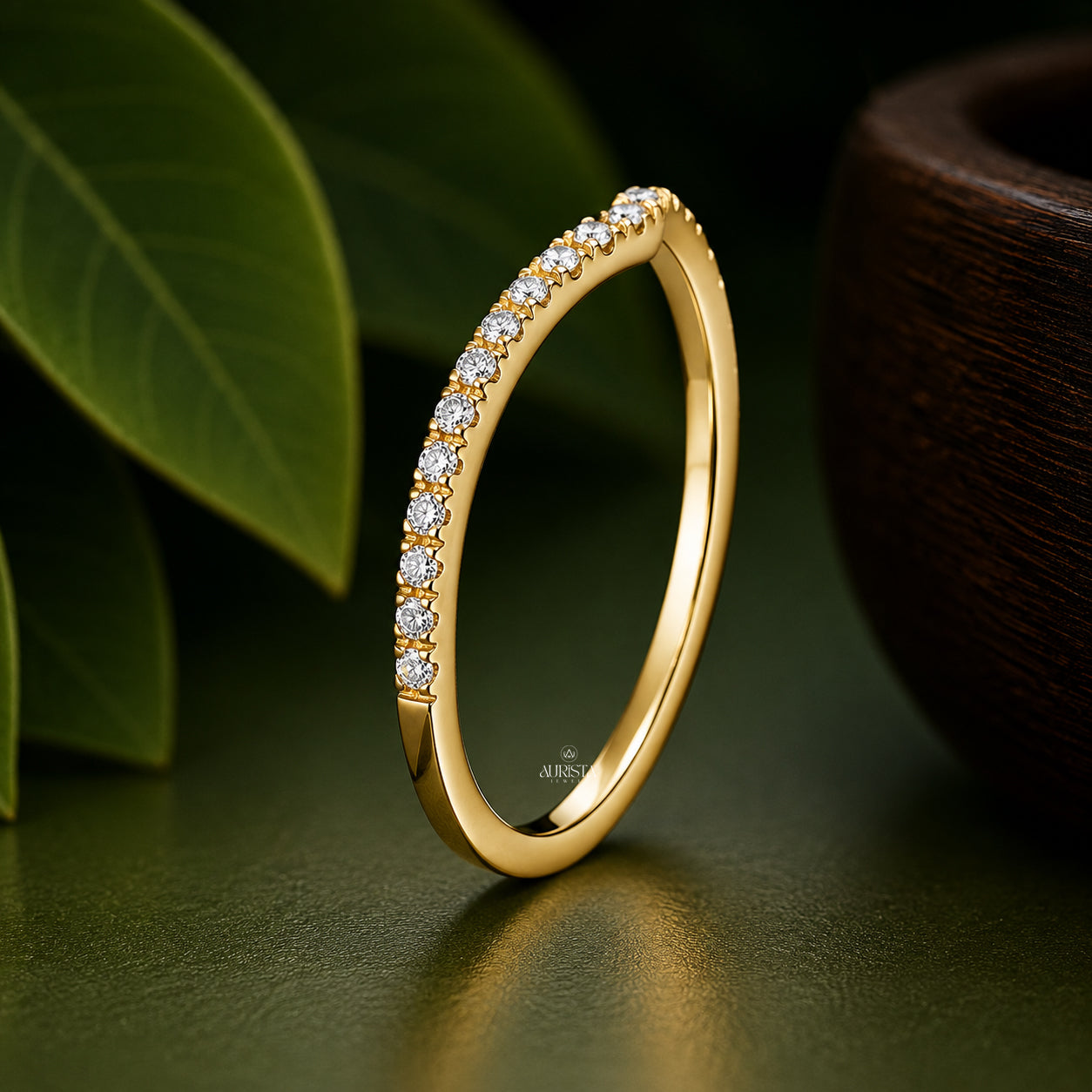 1 CT Round Lab Grown Diamond Engagement Ring & Gold Contour Bridal Set