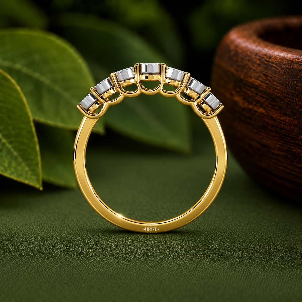 Round Moissanite Diamond Seven Stone Half Eternity Band In Solid  Yellow Gold Anniversary