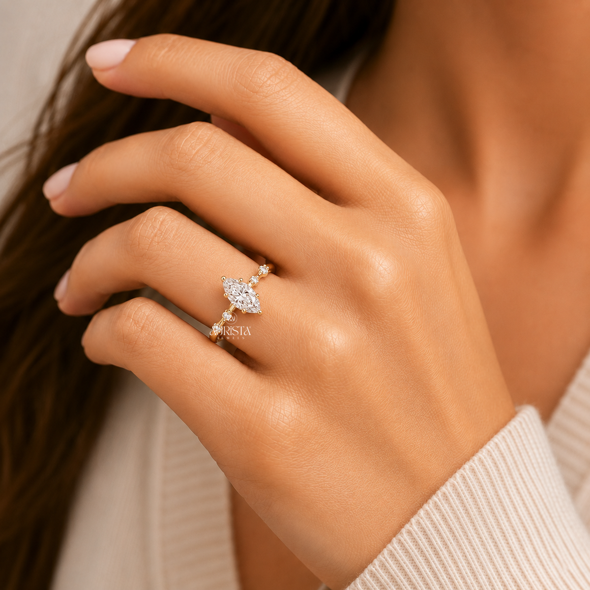 Marquise Shape Lab Grown Diamond Ring, Station Accent Dainty Anniversary Gift
