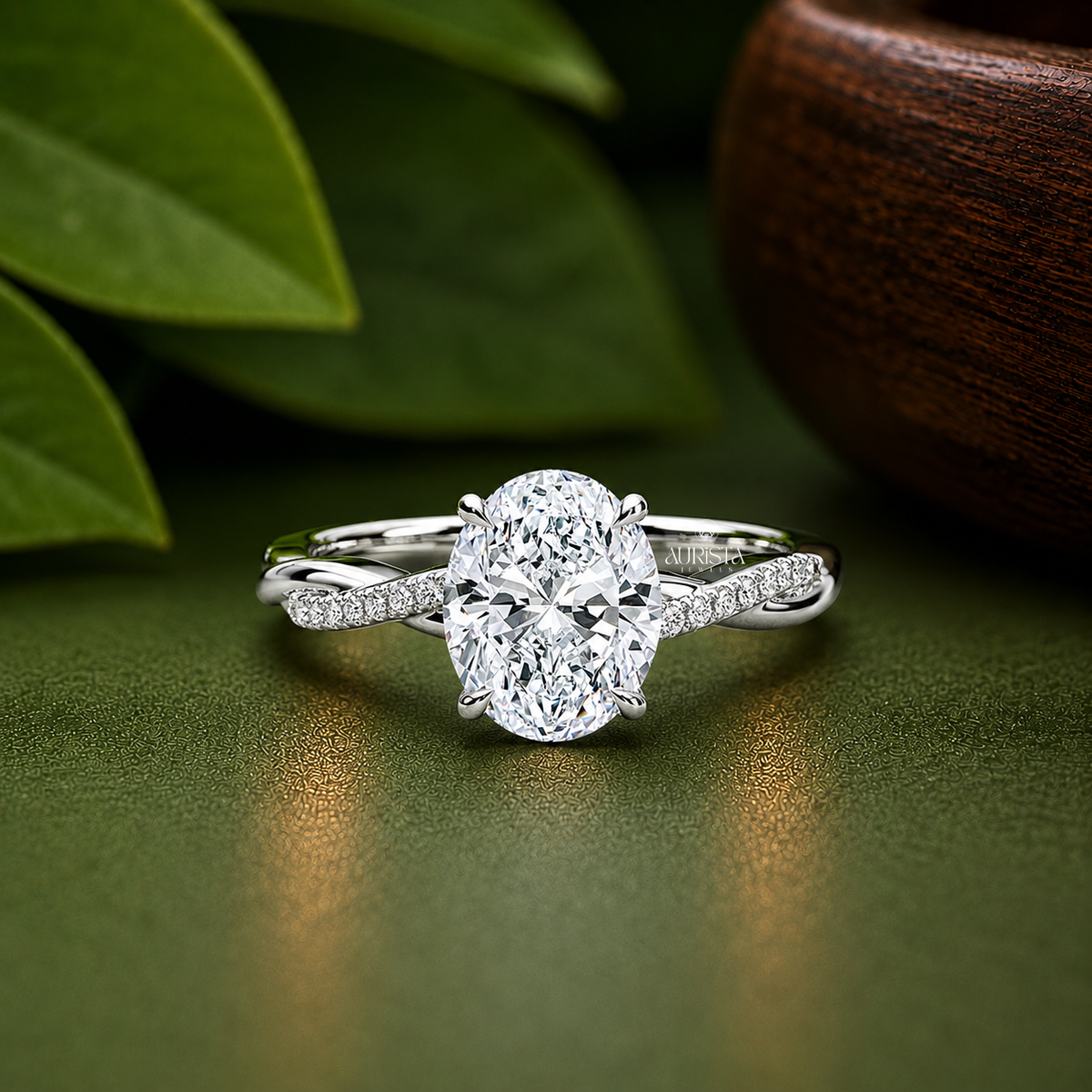 Oval Lab Grown Diamond Ring, Unique Twisted Pavé Band Minimalist Jewelry