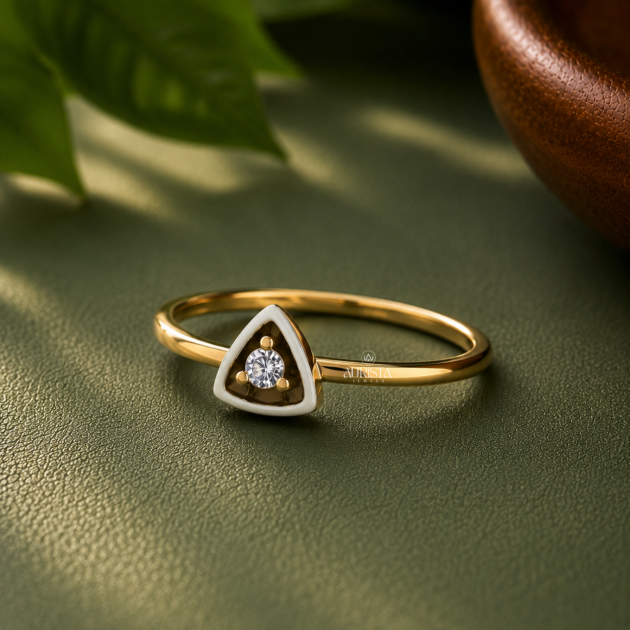Lab Grown Diamond Gold Triangle Solitaire Ring Geometric Statement Band Modern Chic