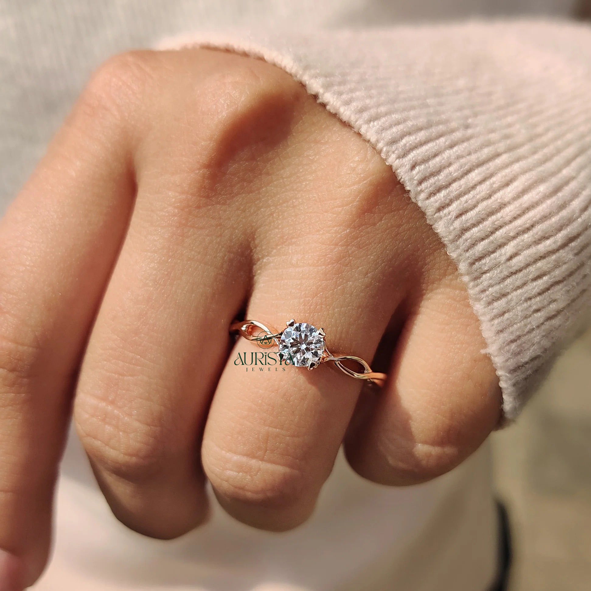 Round Cut Diamond Twist Vine Shank Solitaire Ring