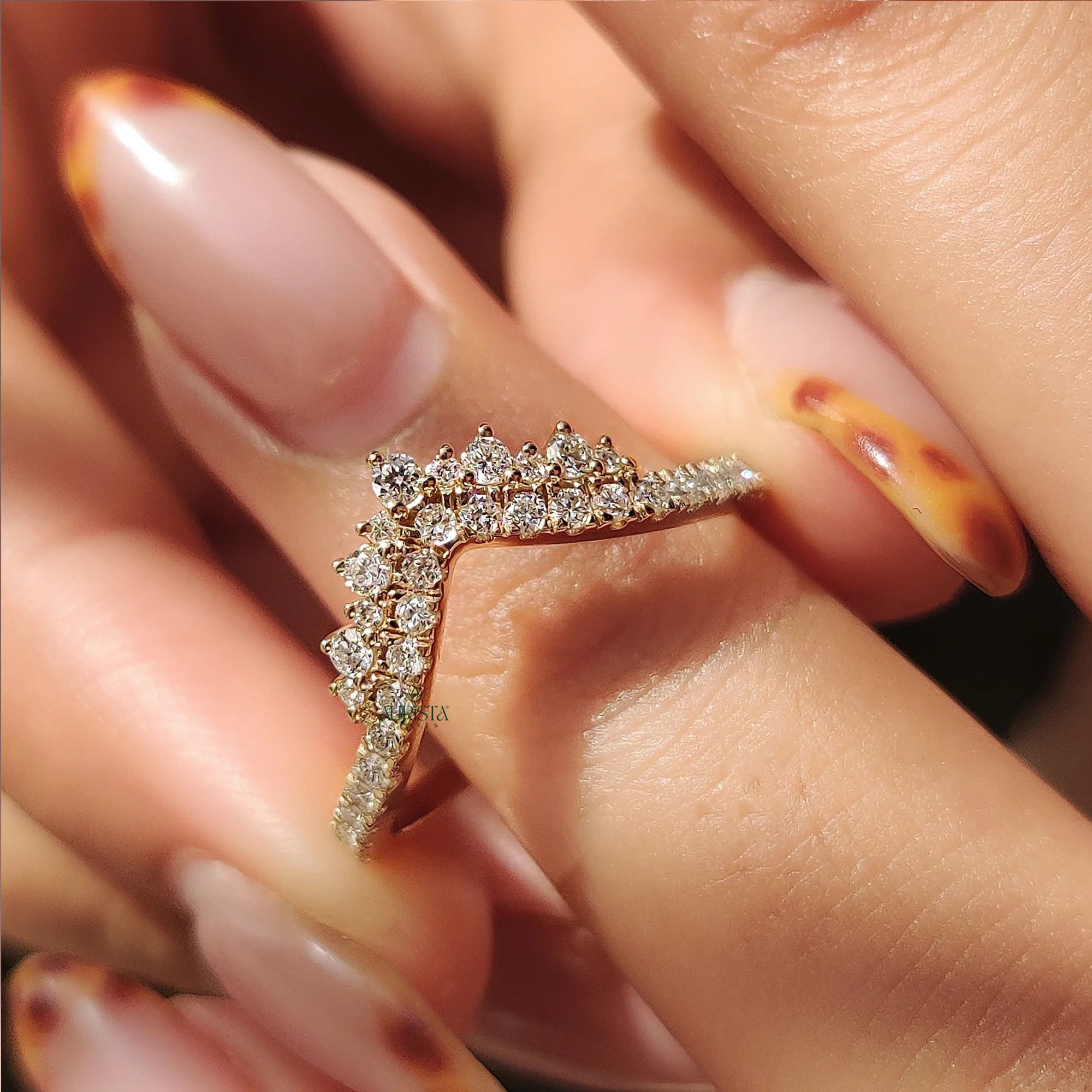 Round Lab Grown Diamond Curved Chevron Ring - Gold Crown Wishbone Stacking Band