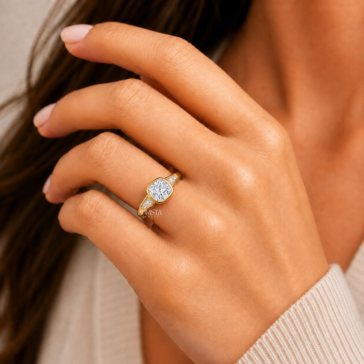 Cushion Lab Grown Diamond Ring, Bezel Set Yellow Gold With Baguette Side Stones