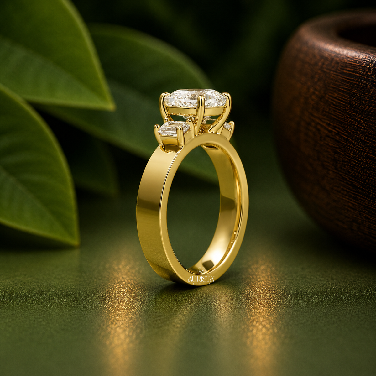 Cushion & Emerald Lab Grown Diamond Three Stone Ring, Thick Band Engagement Ring Band