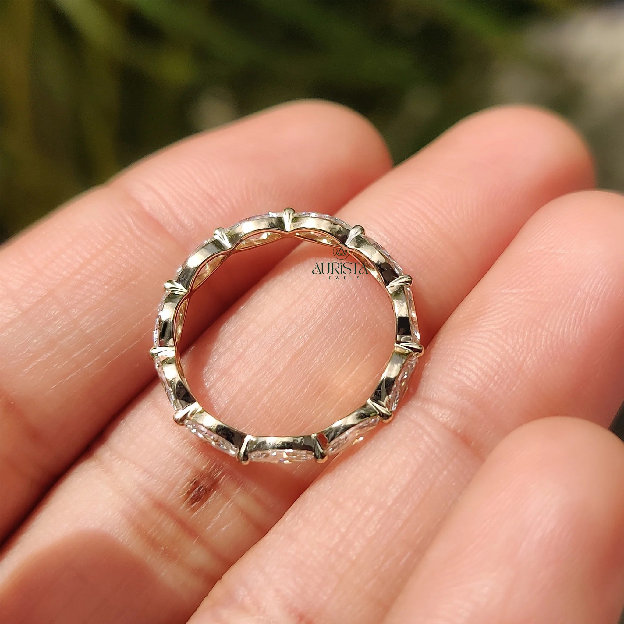 East-West Marquise Moissanite Diamond Full Eternity Wedding Band, Yellow Gold Ring