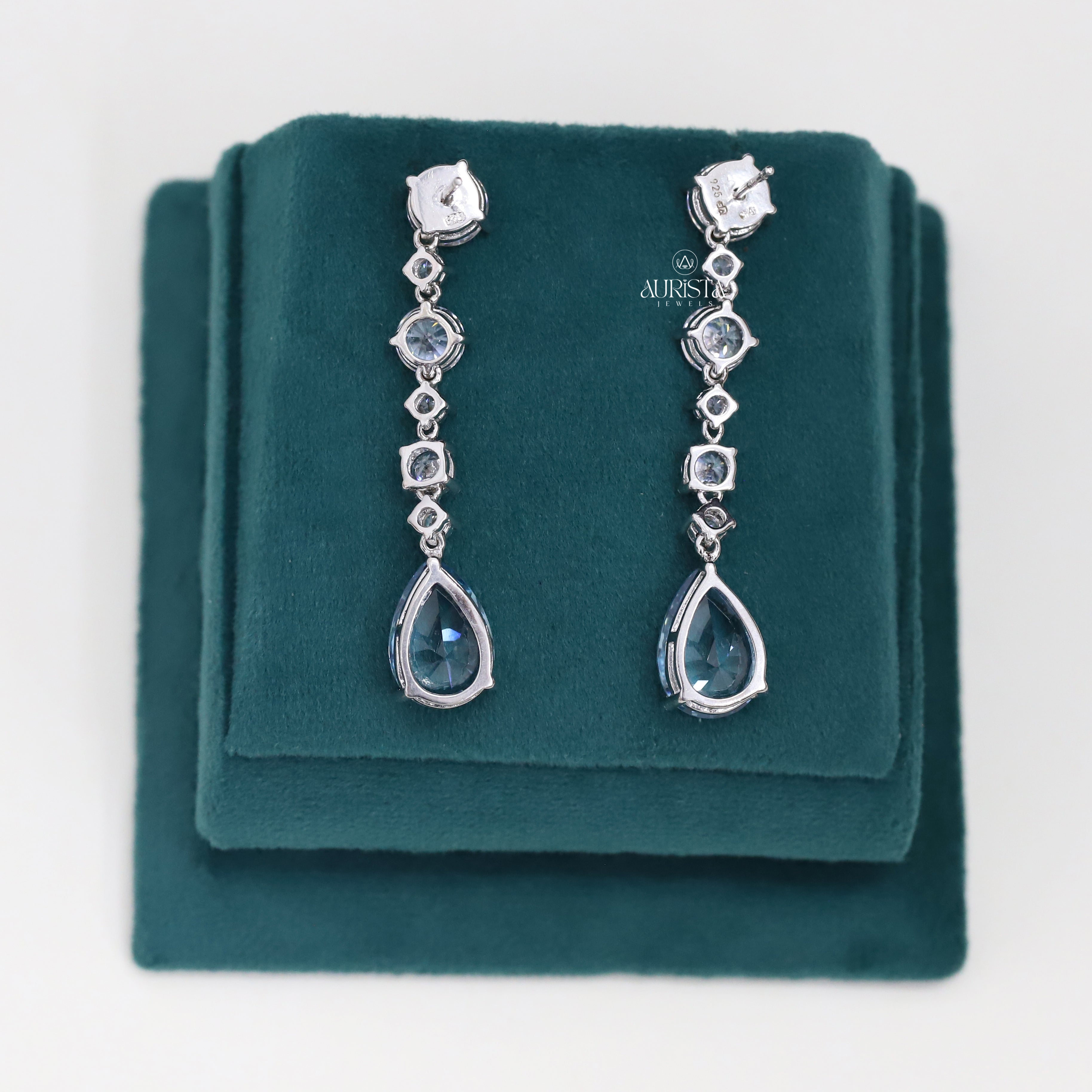 Blue Pear Drop Earrings Dainty Round Moissanite  Cluster Dangle Bridal Jewelry