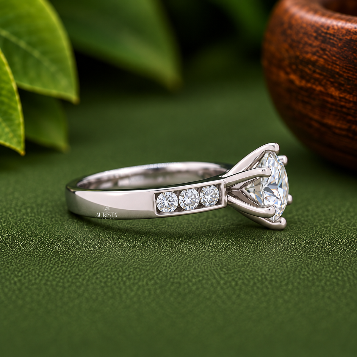 Round Cut Lab Grown Diamond Engagement Ring, 6 Prong Solitaire Ring With Side Stones