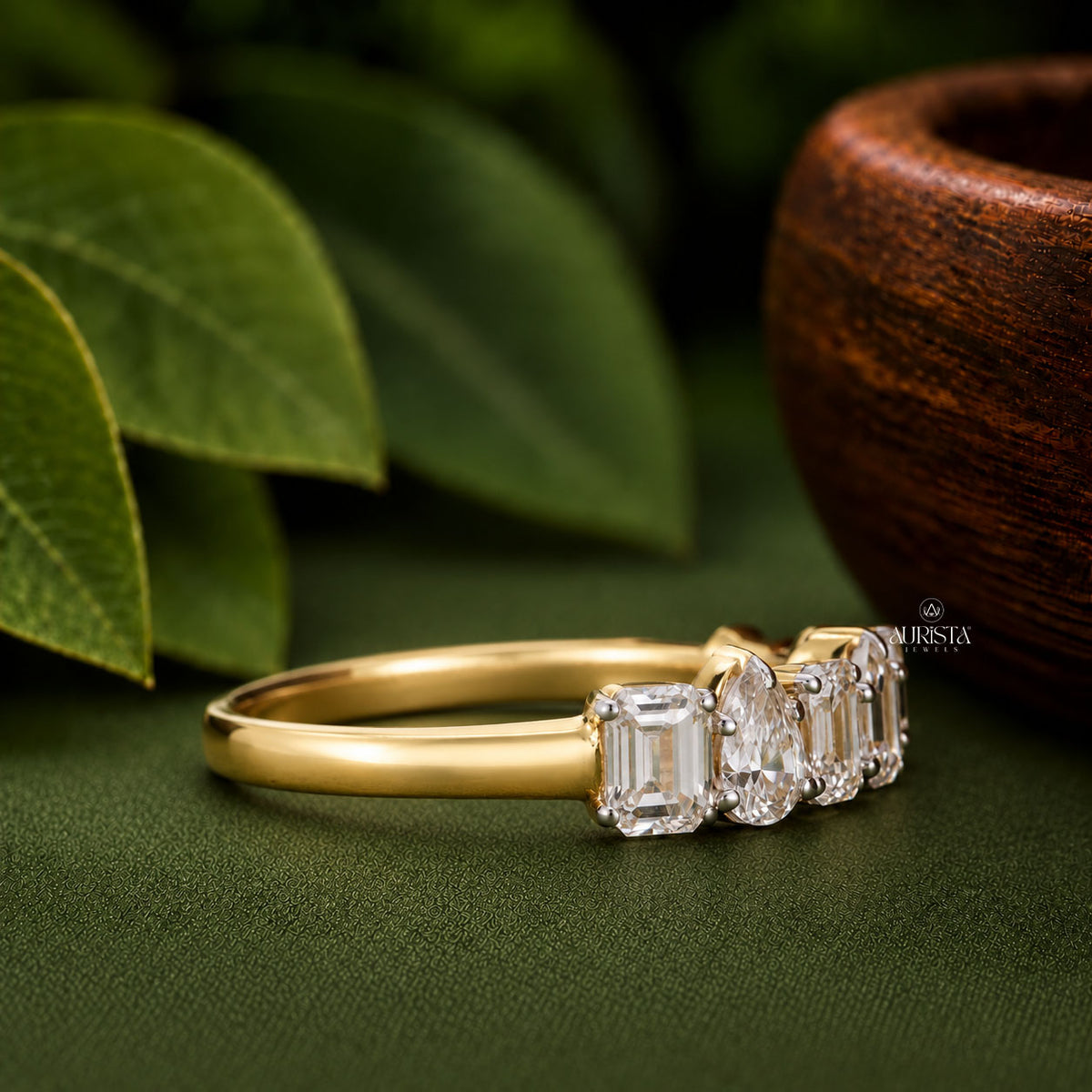 Mixed Cut Lab Grown Diamond Band, Emerald & Pear Shape, Unique Wedding Ring