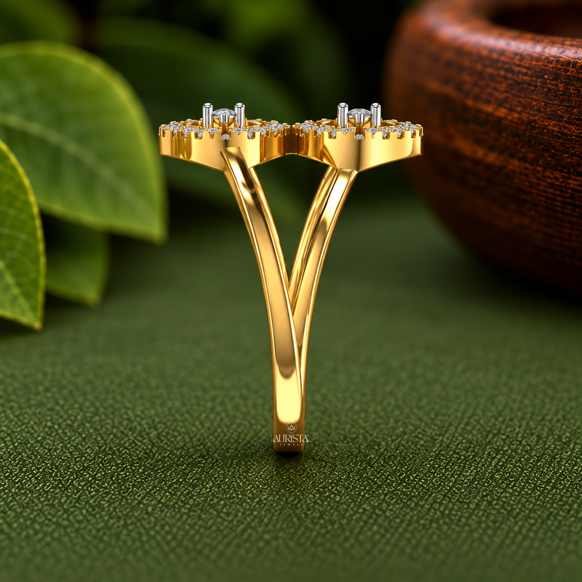 Dual Square Halo Bypass Ring Moissanite in Diamond Luxury Gold Jewelry